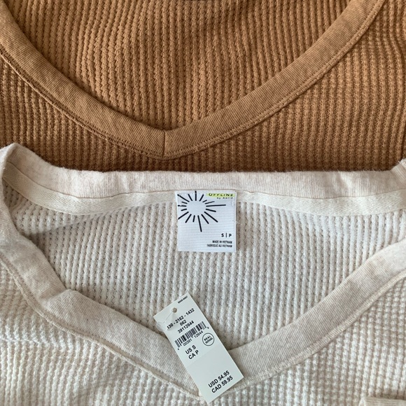 Aerie Long Sleeve Waffle Knit Tops - Cream and Brown - Picture 3 of 5
